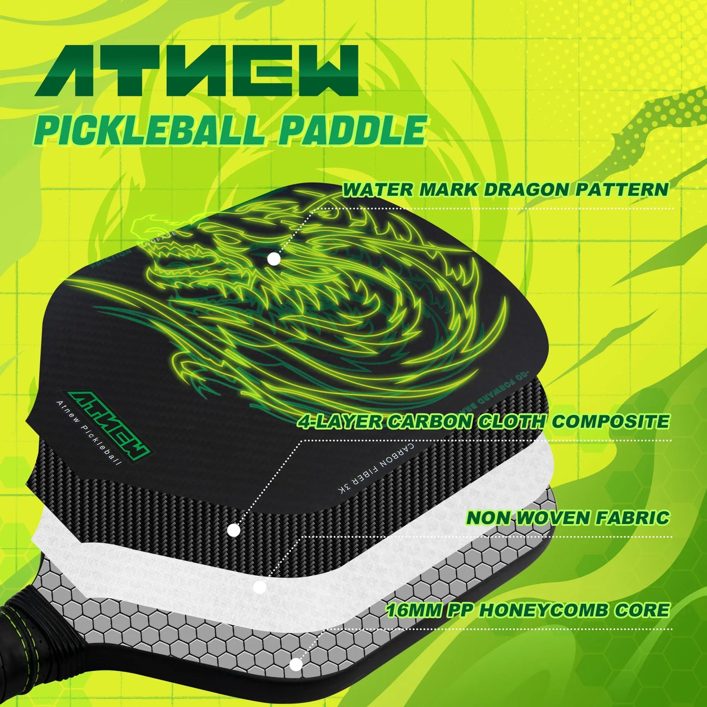 Atnew Green Dragon Pickleball Paddle (W/ Cover)